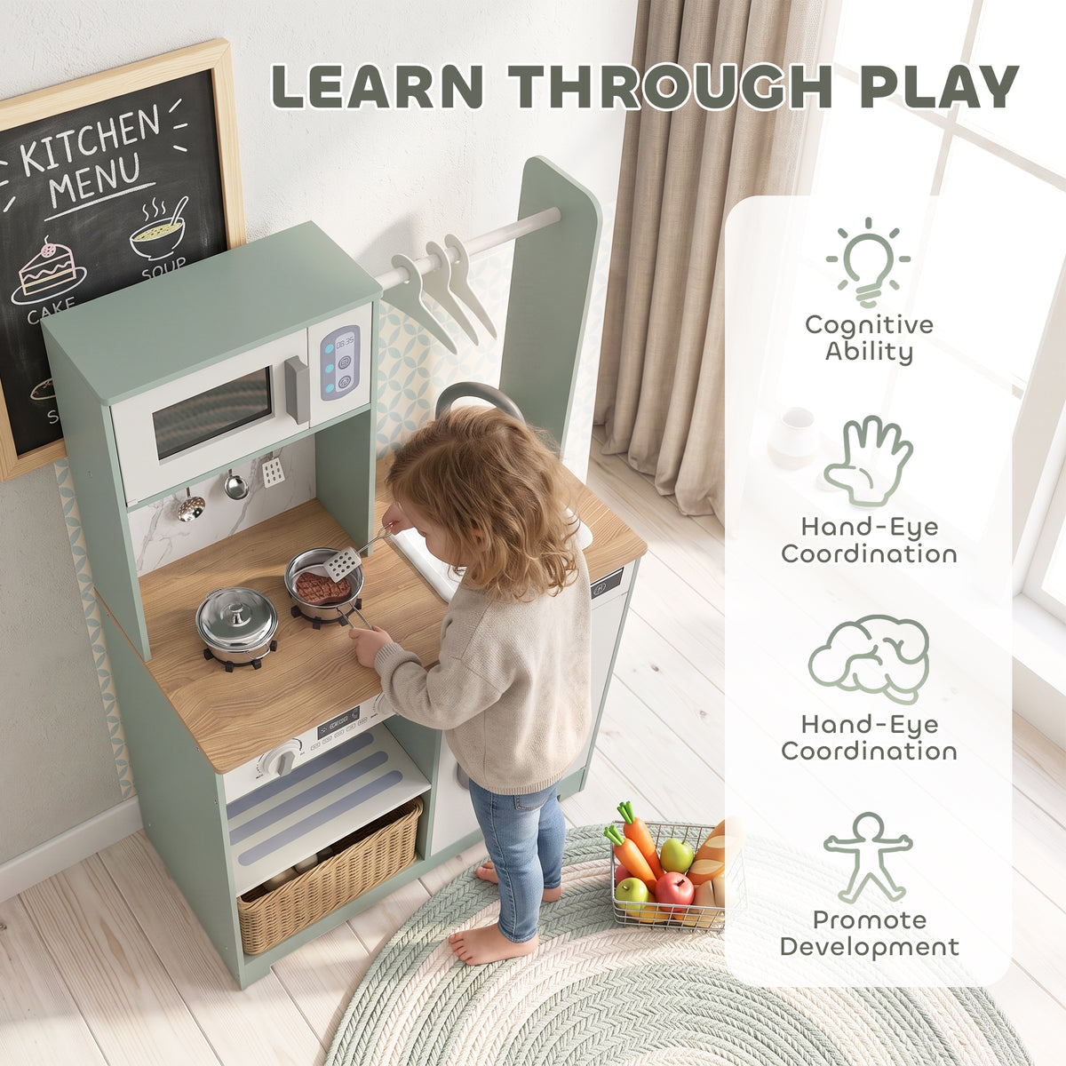 Cuisine enfant jouet d'imitation, dinette enfant avec cuisinière, évier, micro-ondes, 5 accessoires, vert