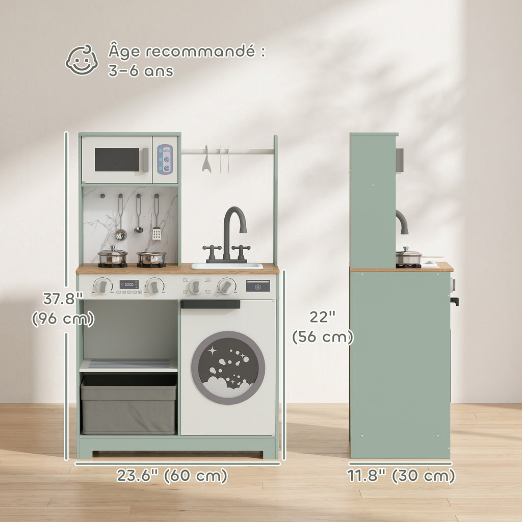 Cuisine enfant jouet d'imitation, dinette enfant avec cuisinière, évier, micro-ondes, 5 accessoires, vert