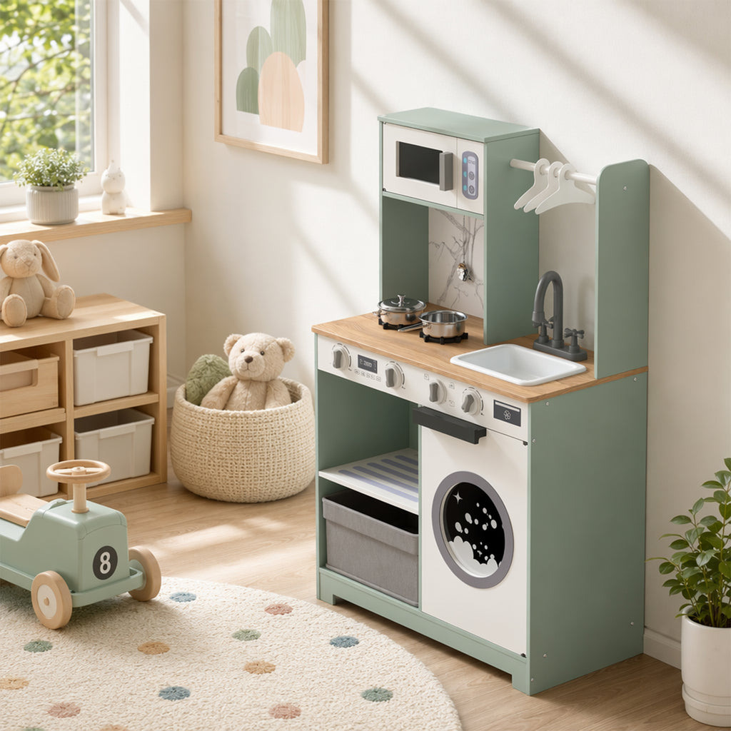 Cuisine enfant jouet d'imitation, dinette enfant avec cuisinière, évier, micro-ondes, 5 accessoires, vert
