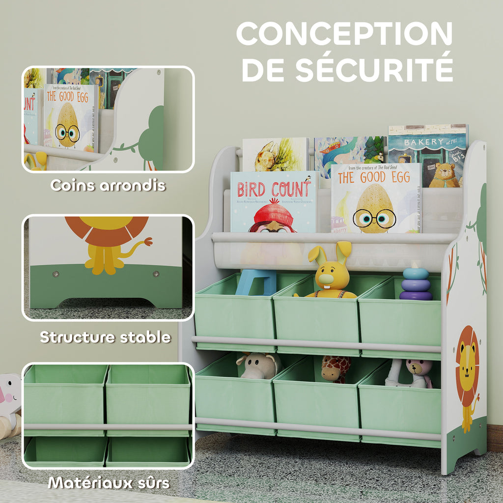 Meuble rangement enfant, rangement jouet enfant, 6 tiroirs en tissu et étagère à deux niveaux, 63x30x71cm, vert