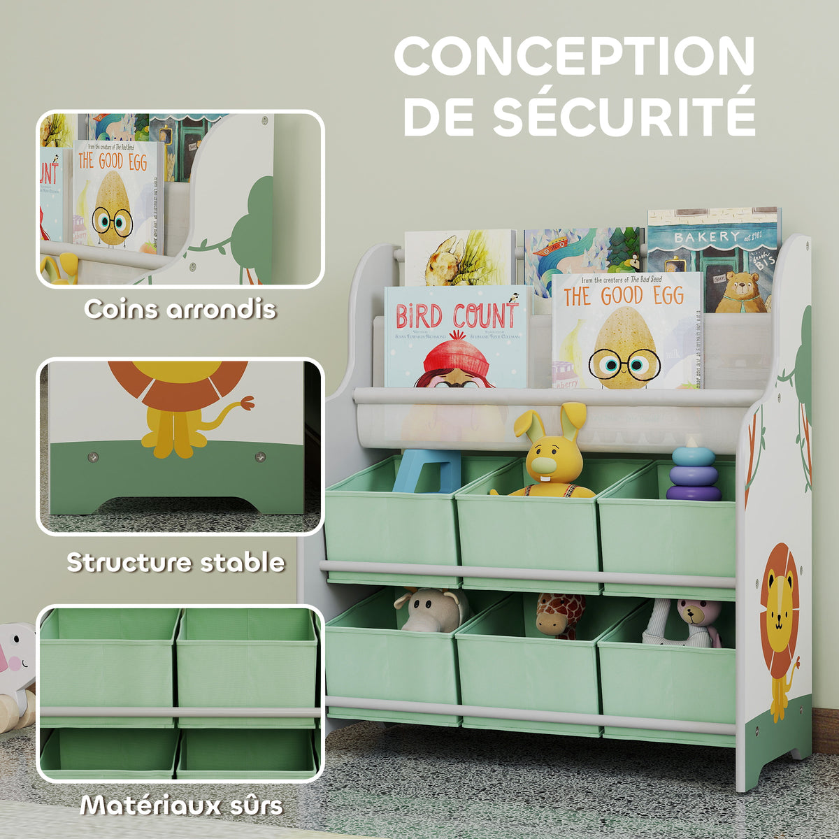 Meuble rangement enfant, rangement jouet enfant, 6 tiroirs en tissu et étagère à deux niveaux, 63x30x71cm, vert