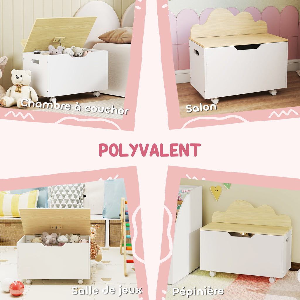 Coffre à jouet enfant sur roulettes, coffre de rangement enfant avec couvercle rabattable, 59 x 30 x 53 cm, blanc