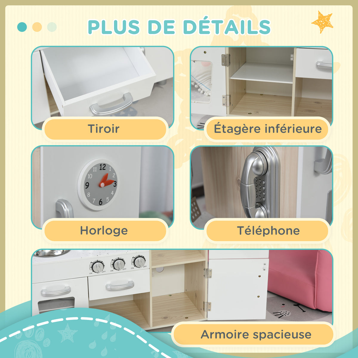 Cuisine Bois Jeu d'imitation - Cuisine Enfant - Nombreux Accessoires & rangements Inclus - MDF pin Blanc chêne Clair