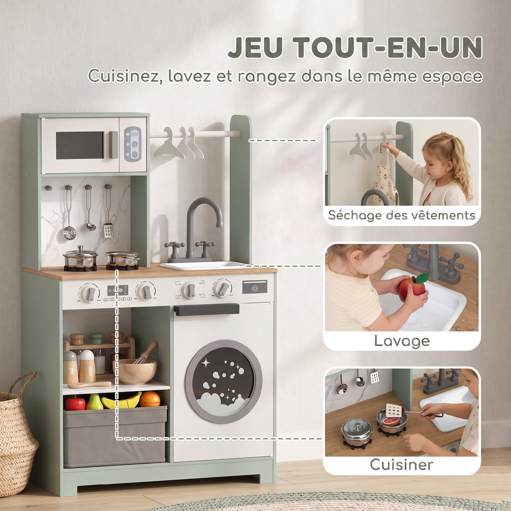 Cuisine enfant jouet d'imitation, dinette enfant avec cuisinière, évier, micro-ondes, 5 accessoires, vert