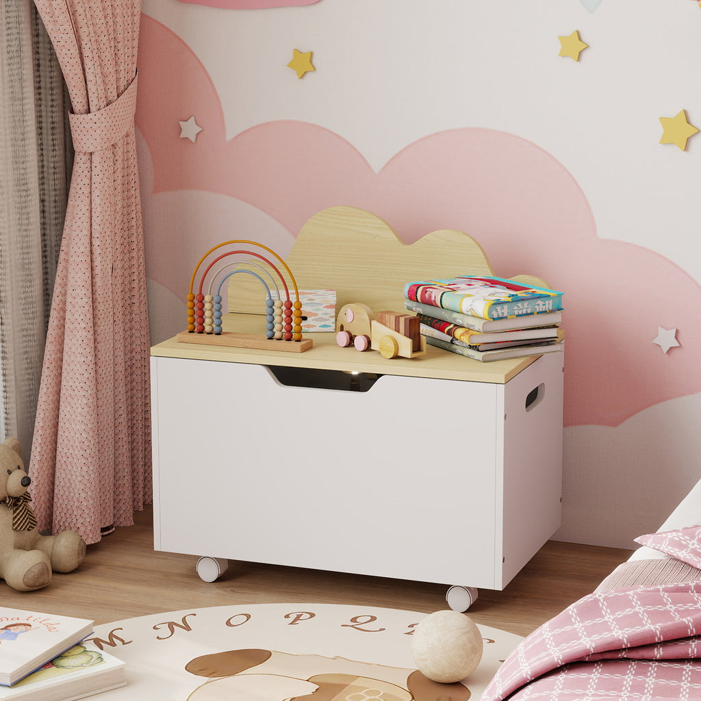 Coffre à jouet enfant sur roulettes, coffre de rangement enfant avec couvercle rabattable, 59 x 30 x 53 cm, blanc