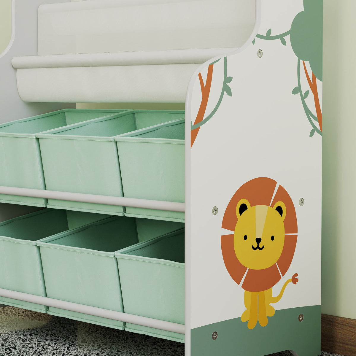 Meuble rangement enfant, rangement jouet enfant, 6 tiroirs en tissu et étagère à deux niveaux, 63x30x71cm, vert