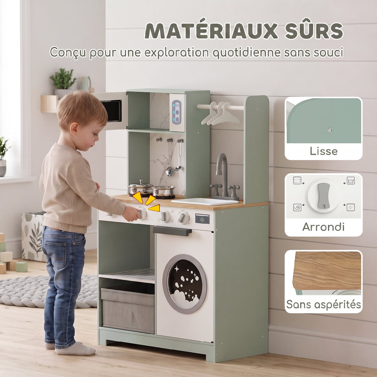 Cuisine enfant jouet d'imitation, dinette enfant avec cuisinière, évier, micro-ondes, 5 accessoires, vert