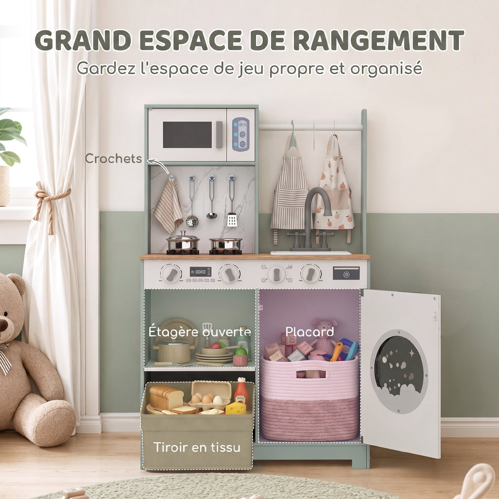 Cuisine enfant jouet d'imitation, dinette enfant avec cuisinière, évier, micro-ondes, 5 accessoires, vert