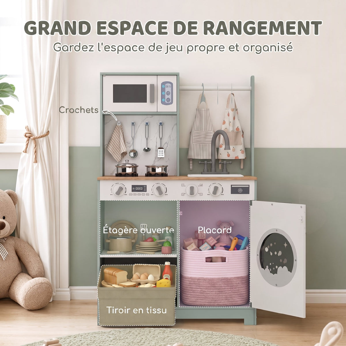 Cuisine enfant jouet d'imitation, dinette enfant avec cuisinière, évier, micro-ondes, 5 accessoires, vert