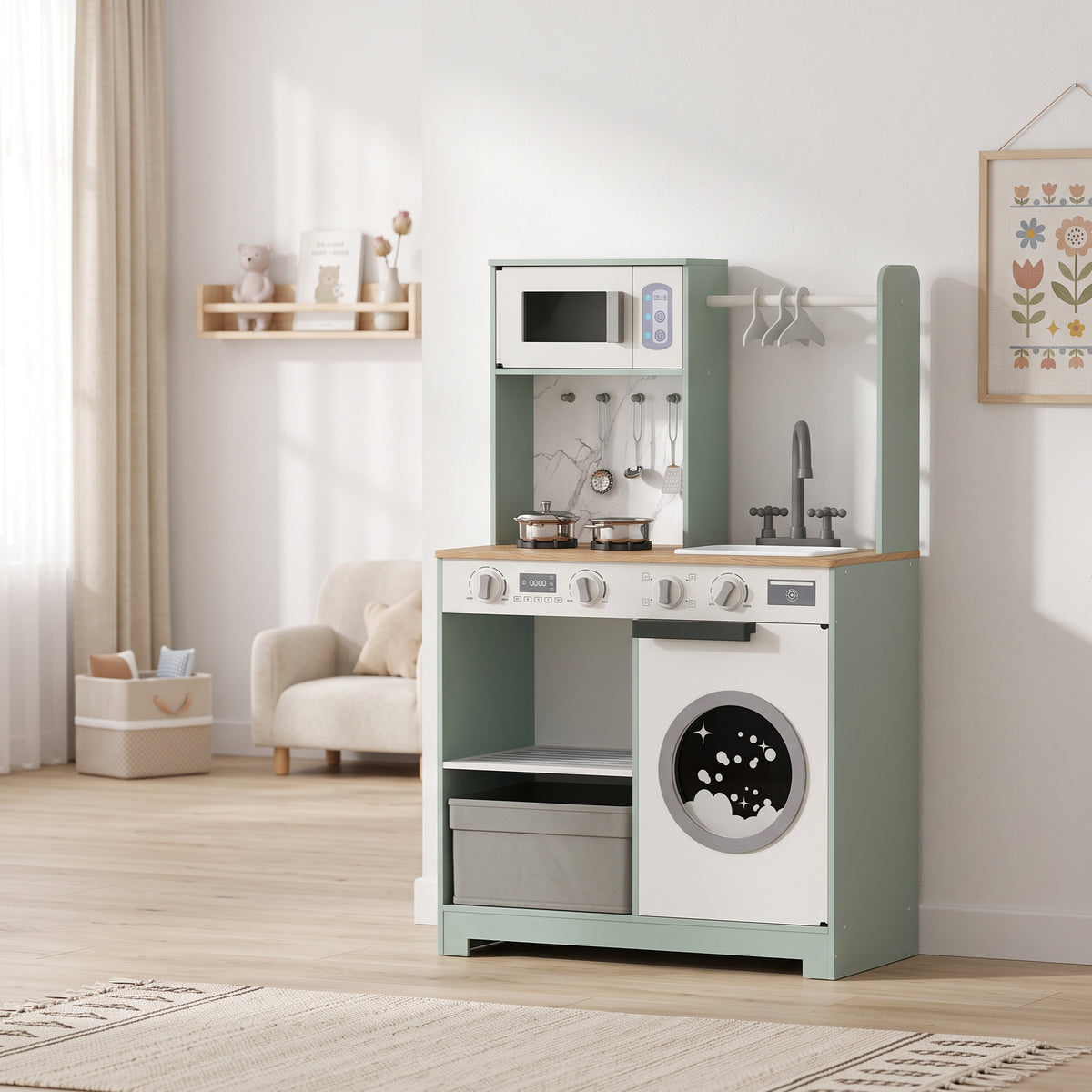 Cuisine enfant jouet d'imitation, dinette enfant avec cuisinière, évier, micro-ondes, 5 accessoires, vert
