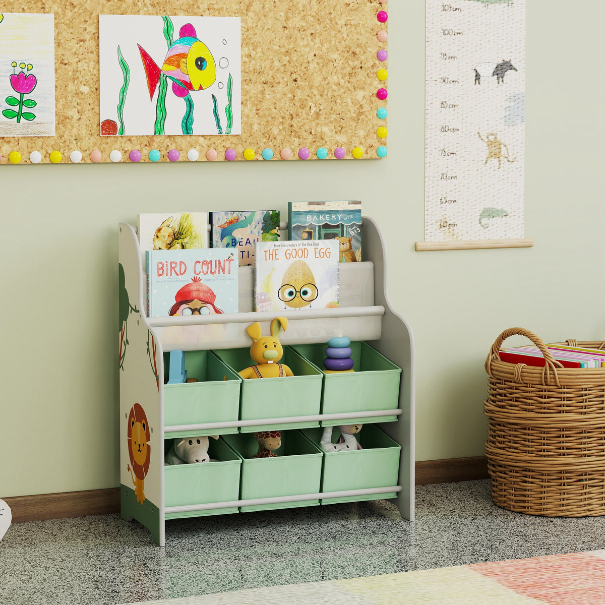 Meuble rangement enfant, rangement jouet enfant, 6 tiroirs en tissu et étagère à deux niveaux, 63x30x71cm, vert